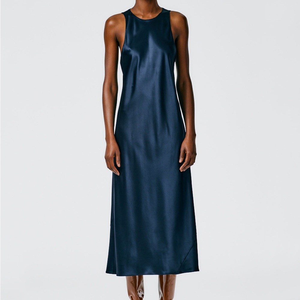 Tibi Heavy Satin Midi Bias Dress, Navy, 100% silk